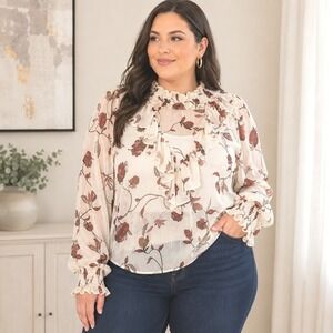 NWT Eloquii Elements Floral Sheer Ruffle Blouse Womens Sz 24 Smocked Romantic